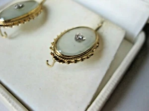 ANTIQUE 14K YELLOW GOLD EARRINGS:NATURAL MOONSTONE & DIAMOND,ART DECO - Picture 1 of 4