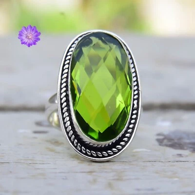 Green Peridot Gemstone 925 Sterling Silver Ring Handmade Jewelry Ring For Gift - Image 1 of 3