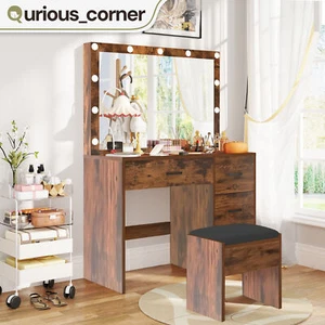 Vanity Desk 4 Drawers Makeup Dresser Table LED Lights Mirror Power Outlet Stool - Picture 1 of 9