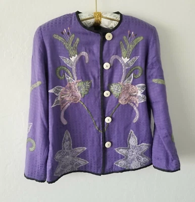 Alex Kim Womens Small Button Up Floral Embroidered Jacket Purple Lightweight - Image 1 of 4