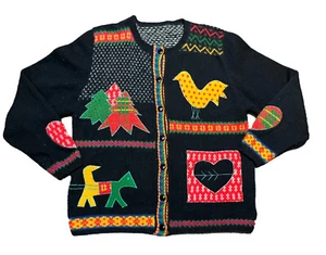Vtg Susan Bristol 100% Pure Wool Christmas Cardigan Sweater Folk Art Appliqué - Picture 1 of 4