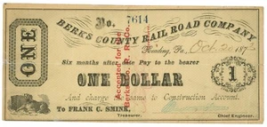 Berks County Rail Road Company Reading 1873, Pennsylvania PA $1 No.7614 (L0056) - Imagen 1 de 2