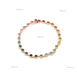 Rainbow Sapphire & Ruby Bezel Set Tennis Bracelet 14k Gold Ombre Multi Bracelet - Picture 1 of 4