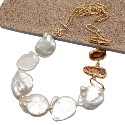 23" Cultured White Coin Pearl Brown Biwa Pearl Chain Necklace - Image 1 of 4