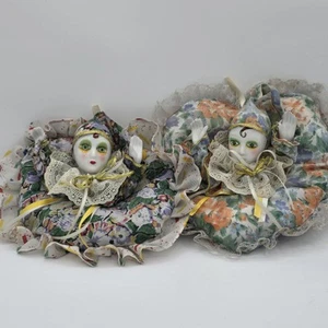 Lot Of 2 Porcelain Harlequin Jester On Heart Shaped Pillow Hanging Art - Picture 1 of 12