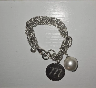 John Wind Sorority Gal Silver Initial Letter 'M' Pearl Charm Bracelet 8" Vintage - Image 1 of 2