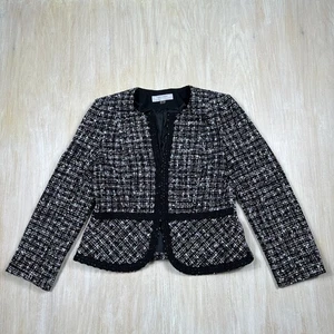 Tahari schwarz bunt Tweed Cropped elegant Arbeit vorne offen Blazer Jacke 12 - Bild 1 von 14
