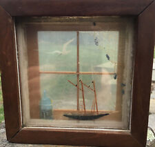 ANTIQUE NAUTICAL DIORAMA HAND PAINTED GLASS LAYERS CREATE DEPTH SET IN WOOD CASE