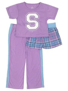 Girls Purple Self Care Love Short Sleeve 3 piece Pajama Pants Short Set - Picture 1 of 2