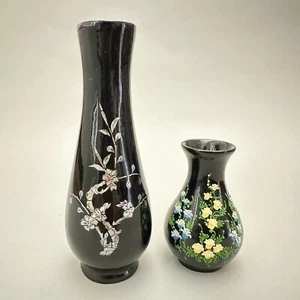 2 jarrones vintage - laca negra asiática sobre incrustación de abulón de madera y floral pintado a mano - Imagen 1 de 14