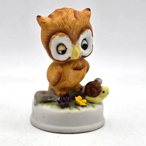 Napcoware Owl and Snail Ceramic Matte Bisque Figurine 3 x 2 inch Vintage Napco - Picture 1 of 7