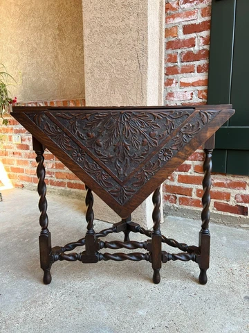 Antique English Corner Table Handkerchief Drop Leaf Barley Twist Carved Oak Cover