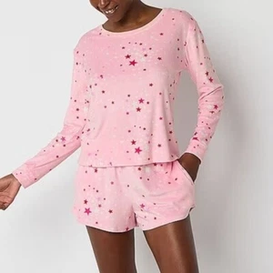 Schlafanzug Velour großes 2-teiliges Set Oberteil Shorts rosa rot Sterne Pyjama Lounge Schlaf Neu - Bild 1 von 4