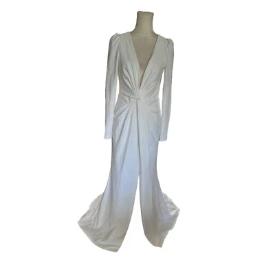 Lulus Elegant Long White Crepe Dress Plunging Neckline & Draped Size L NWOT - Image 1 of 4