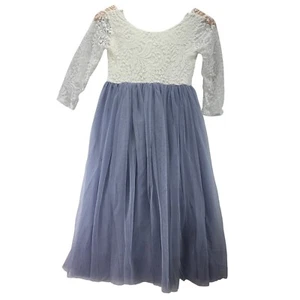 Girls Lace Tulle Maxi Dress 9-10 White Blue Wedding Party Formal Flaw - Picture 1 of 10