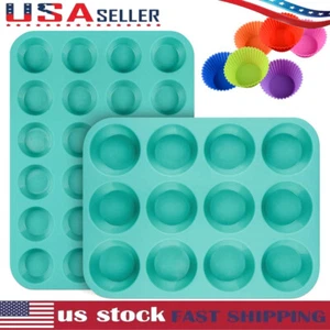 2 Silicone Muffin Pan Cupcake Pan Set - Nonstick Food Grade Silicone Molds+ Cups - Picture 1 of 9