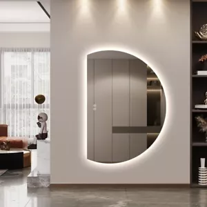 Half Left Cut Round Moon Wall LED Mirror 91 x 130 Frameless Backlit - Picture 1 of 10