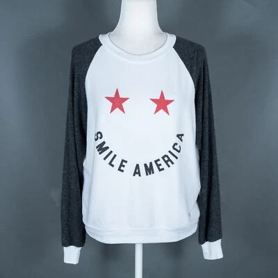 Wildfox 'Smile America' Print White/Dark Gray Crew Neck Baseball Sweatshirt - L - Imagem 1 de 4