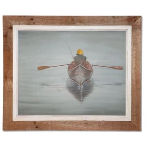 Man in Southwester Rowing to Fishing Spot Orig Watercolor Painting Framed Signed - Picture 1 of 10