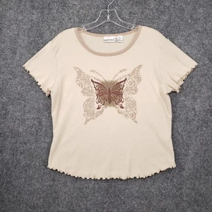 Fashion Bug T Shirt Womens XL Beige Lettuce Hem Butterfly Short Sleeve Rib Y2K - Picture 1 of 10
