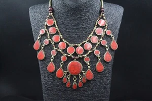 Vintage Afghan Alpaka Halskette, rote Emaille Quasten Kostüm Halskette, - Bild 1 von 9