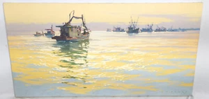 Antique Colorful Pastel Marine Painting of Shrimp Boats by Carl G. Evers Illustr - Picture 1 of 10