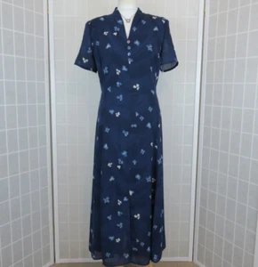 Jacques Vert Dress Size 16 Dark Blue White Floral Print Chiffon Long Vintage 90s - Picture 1 of 14
