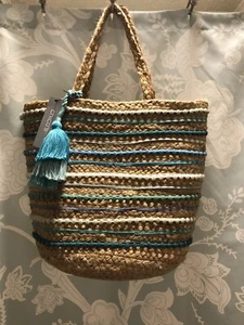 Chicos Blue Striped Pom Pom Jute Beach/Tote/Vacation Bag - Picture 1 of 6