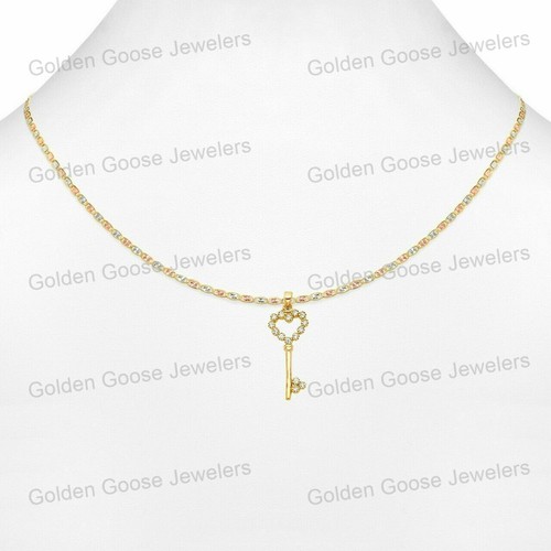 Ciondolo in vero oro giallo 14 carati con zirconi chiave cuore catena Valentino