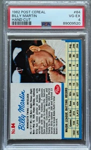 1962 Post Cereal #84 Billy Martin graded PSA 4 LOW POP! SHORT PRINT NY Yankees - Picture 1 of 2