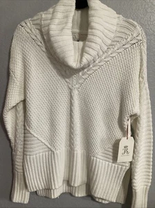 Rachel Ashwell Elfenbein Creme 100 % Baumwolle Grobstrick Pullover Schlitz Saum Gr. S Neu mit Etikett - Bild 1 von 6