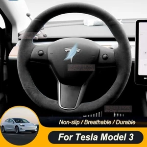 DIY Durable Charcoal Suede Car Steering Wheel Cover For Tesla Model 3 Y X - Picture 1 of 7