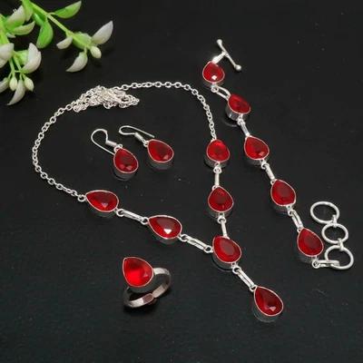 Juego de joyas hechas a mano con piedras preciosas de pera de plata esterlina 925 rubelita rosa AAB 209 Foto 1 de 3