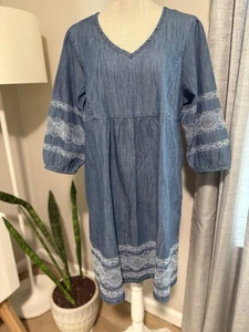 NEW! J.Jill Luna Denim 3/4 Sleeve Dress Lace Medium Petite MSRP$139 - Picture 1 of 9