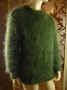 Mohair Handmade Hairy Ribbed Moss Green Crew Neck Pullover Sweater Jumper ; L - Picture 1 of 9