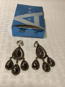 Avon Embellished Hematite Colored Chandelier Clip Earrings NEW IN BOX Earrings - Picture 1 of 4
