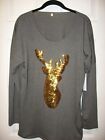 Womens Reindeer Copper Sequined, Holiday Tee,Gray Poly/Spandex,,Long Sleeve XL