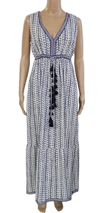 LA PLAGE White Navy Emily Vines Sleeveless Drawstring Tassel Waist Maxi Dress XS - Picture 1 of 6