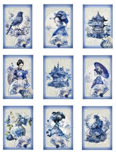 Blue & White Asian Lady Designs A MULTI-SIZE SET Cotton Fabric Quilt Blocks - Picture 1 of 19