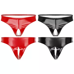 Wetlook Leder Herren Unterhose Mit Loch Lack String Offener Unterwäsche - Bild 1 von 35