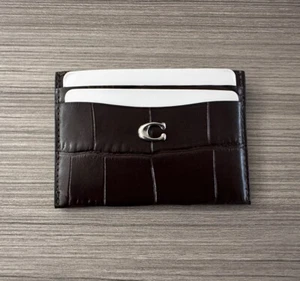 NWT Coach Slim Croc Embossed Leather Credit Card Case / Wallet Silver / Maple - Picture 1 of 6