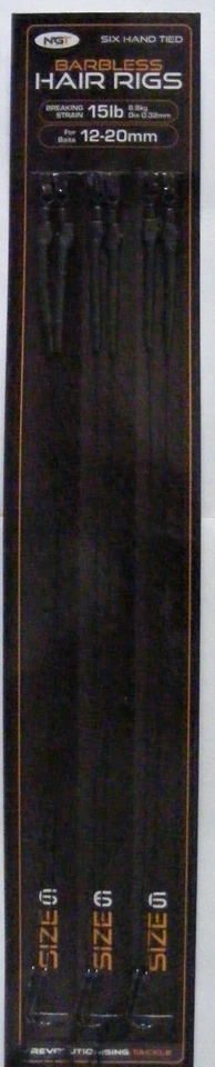NGT 6x Hand Tied Hair Rigs 15lb Braid Barbless Size 6 Carp Fishing 12-20mm Bait