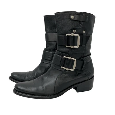 Vera Wang Lavender Black Leather Moto Buckle Boots Size 9.5 EU 41 Made In Brazil - Image 1 of 4