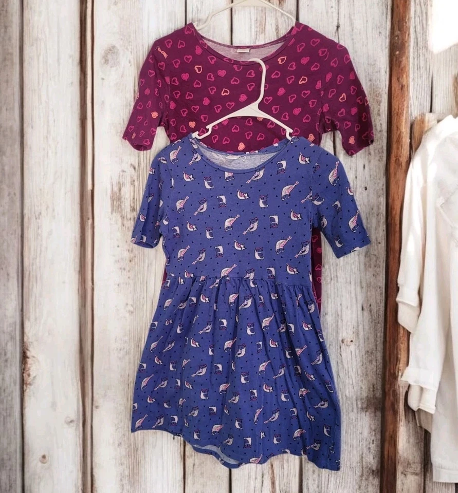 Lot Of 2 Gymboree Mix N Match Girls Knit Hearts Pink & Owl Purple Dresses  XL 14 - Image 1 of 4