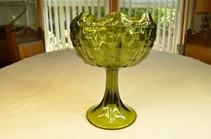 Handcrafted ANTIQUE Dark GREEN Glass Centerpiece Bowl w/ Ornate Design 9 in Tall - Picture 1 of 12