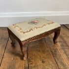 Vintage Ornate Wooden Legs Studded Floral Embroidery Footstool
