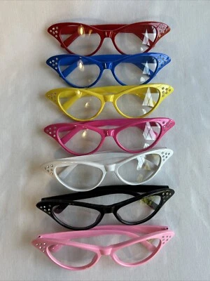 Costume Cat Eye Glasses 50s Style Clear Lens Adult Rhinestones You Pick Color - Image 1 of 4