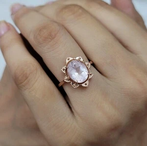 AAA Rose Quartz Oval Ring 925 Sterling Silver Art Deco Anniversary Women's Ring - Picture 1 of 11