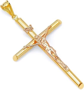 Echt Echt Echt 14K Gelb & Rotgold Bicolor Kreuz Jesus Kruzifix Charm Anhänger - Bild 1 von 2