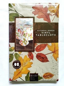Thanksgiving Vinyl Tablecloth Colorful Leaf Design Autumnal Breeze Poly Backing - Picture 1 of 9